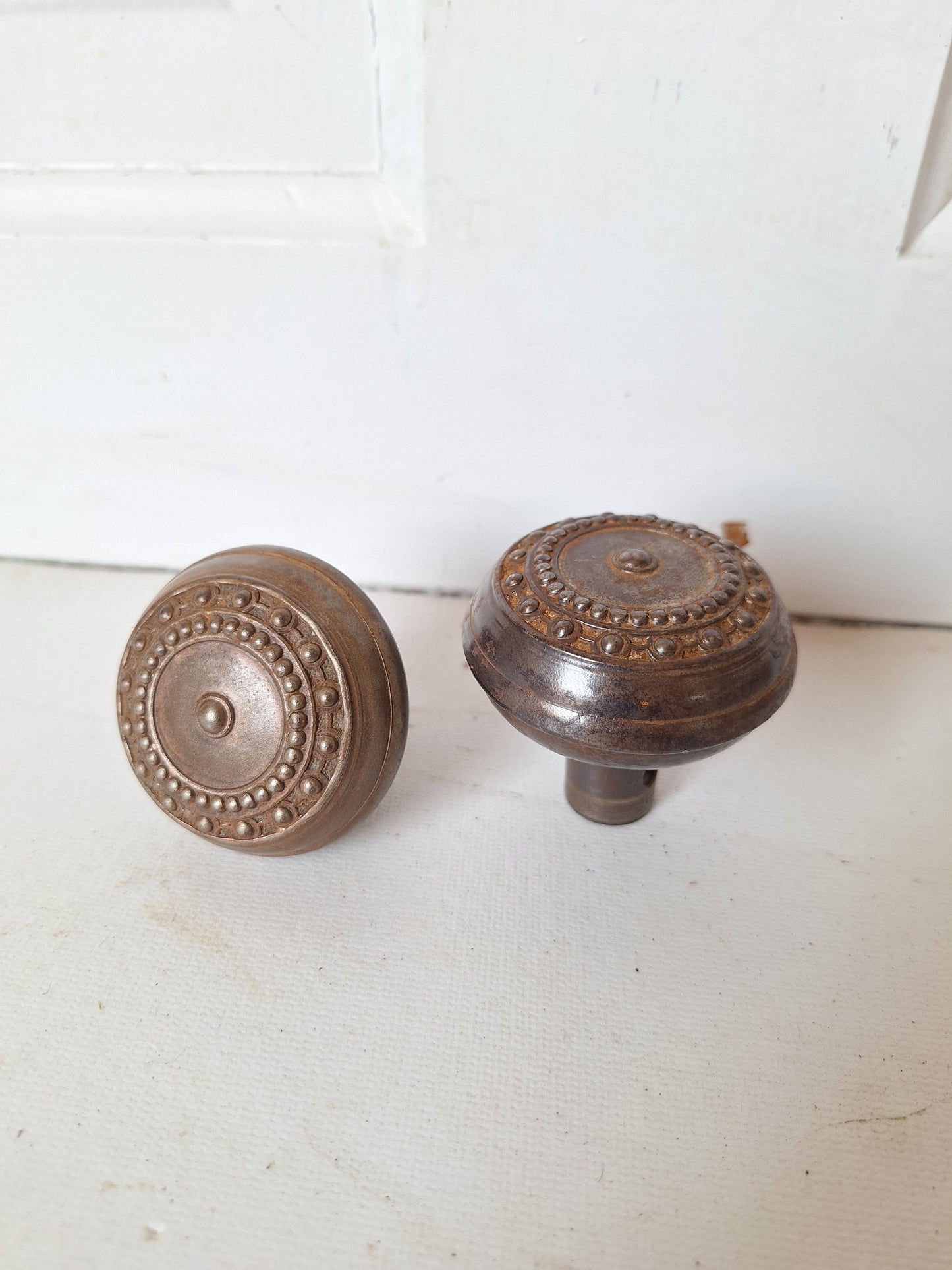 Pair of Beaded Design Wrought Steel Doorknobs, Embossed Door Knobs, Antique DoorKnobs 091001