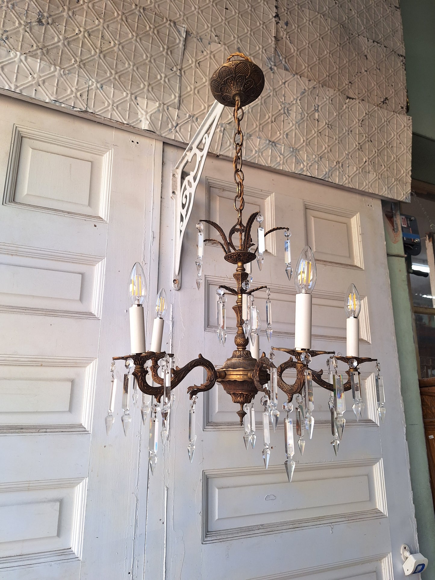 5 Arm Vintage Gold and Crystal Spanish Chandelier, Hollywood Regency Style, Crystal Ceiling Light