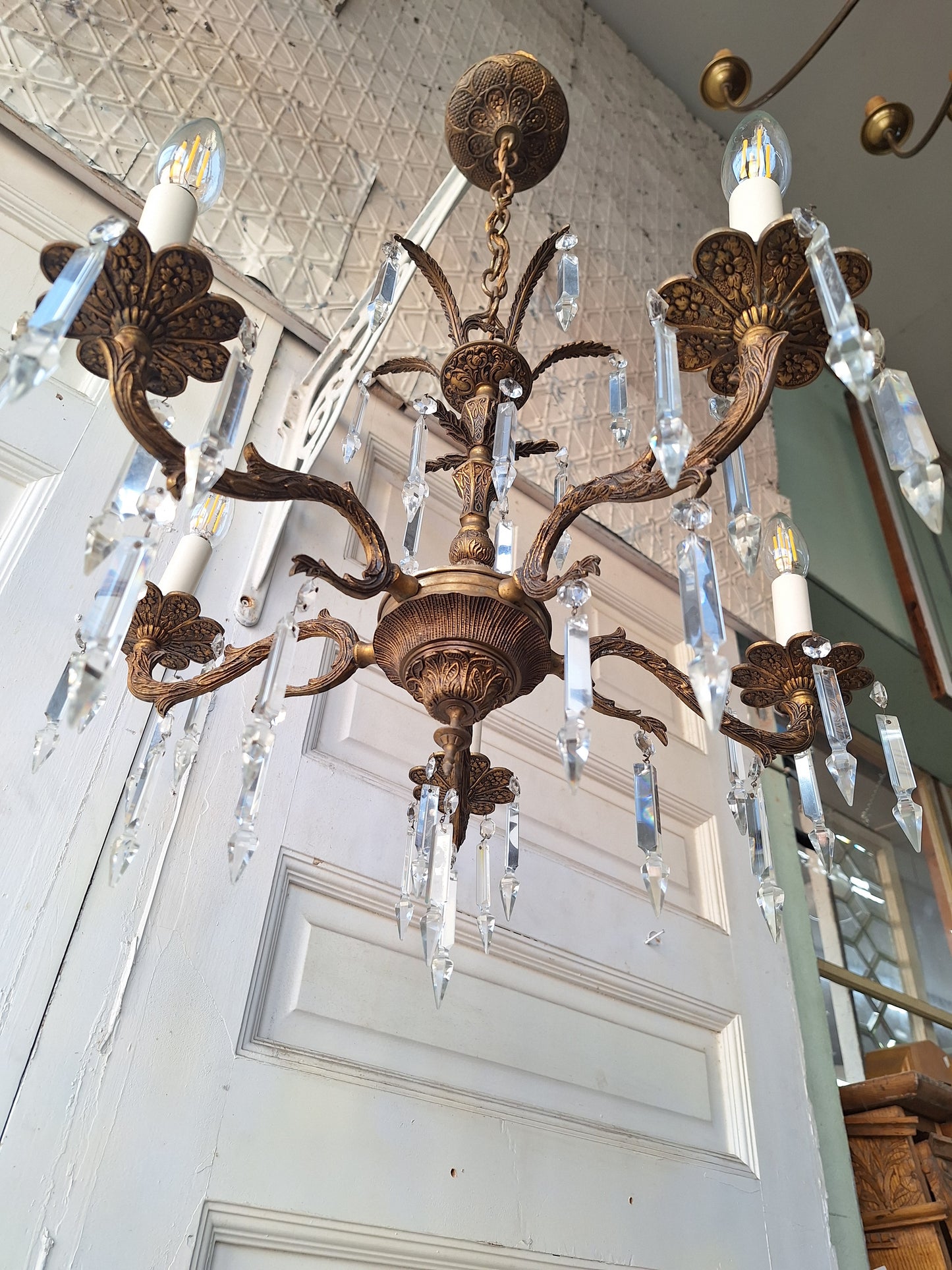 5 Arm Vintage Gold and Crystal Spanish Chandelier, Hollywood Regency Style, Crystal Ceiling Light