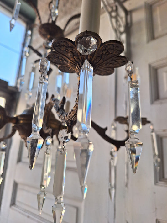 5 Arm Vintage Gold and Crystal Spanish Chandelier, Hollywood Regency Style, Crystal Ceiling Light