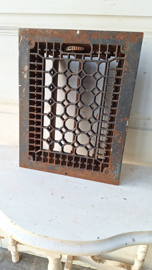 10 x 14 Antique Cast Iron Fancy Vent Cover with Working Louvers, Floor Register Cover #093005