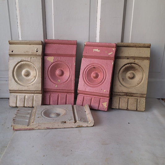 Five Antique Bullseye Plinth Blocks, Vintage Carved Wood Trim Blocks 093008