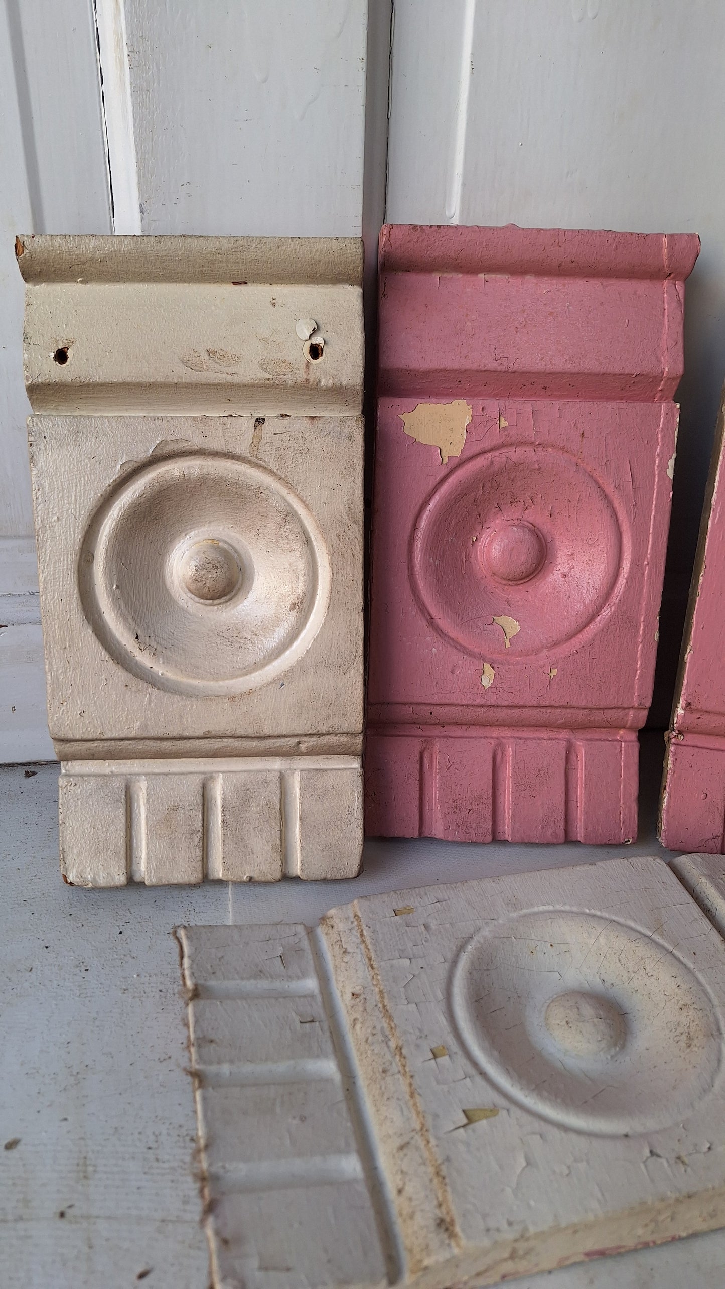 Five Antique Bullseye Plinth Blocks, Vintage Carved Wood Trim Blocks 093008