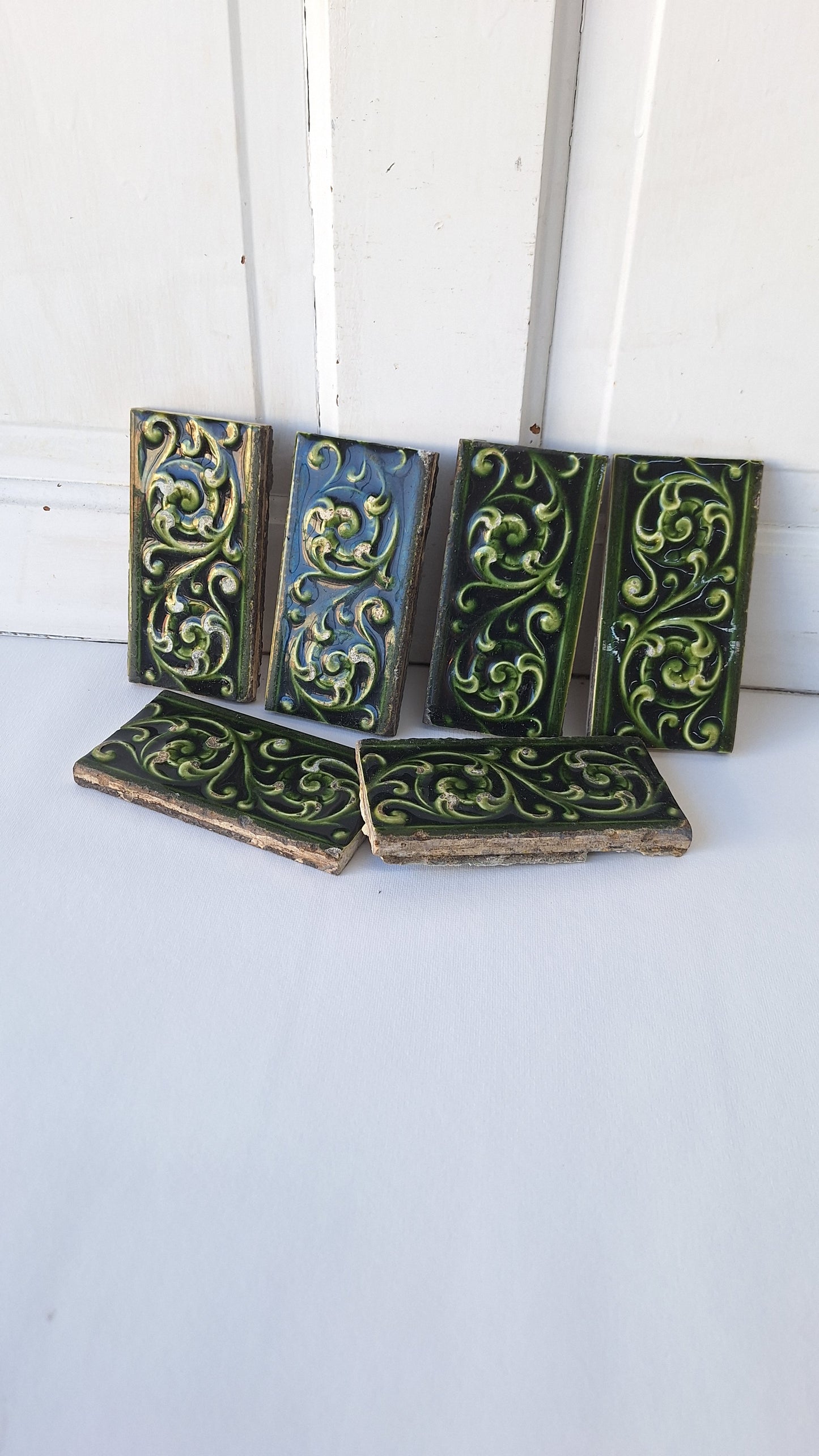 6 Dark Green Victorian Tile Set, Fireplace Tile, Floral Hearth Tile, Antique Floor Tile, Antique Accent Salvaged Trent Tile 100503