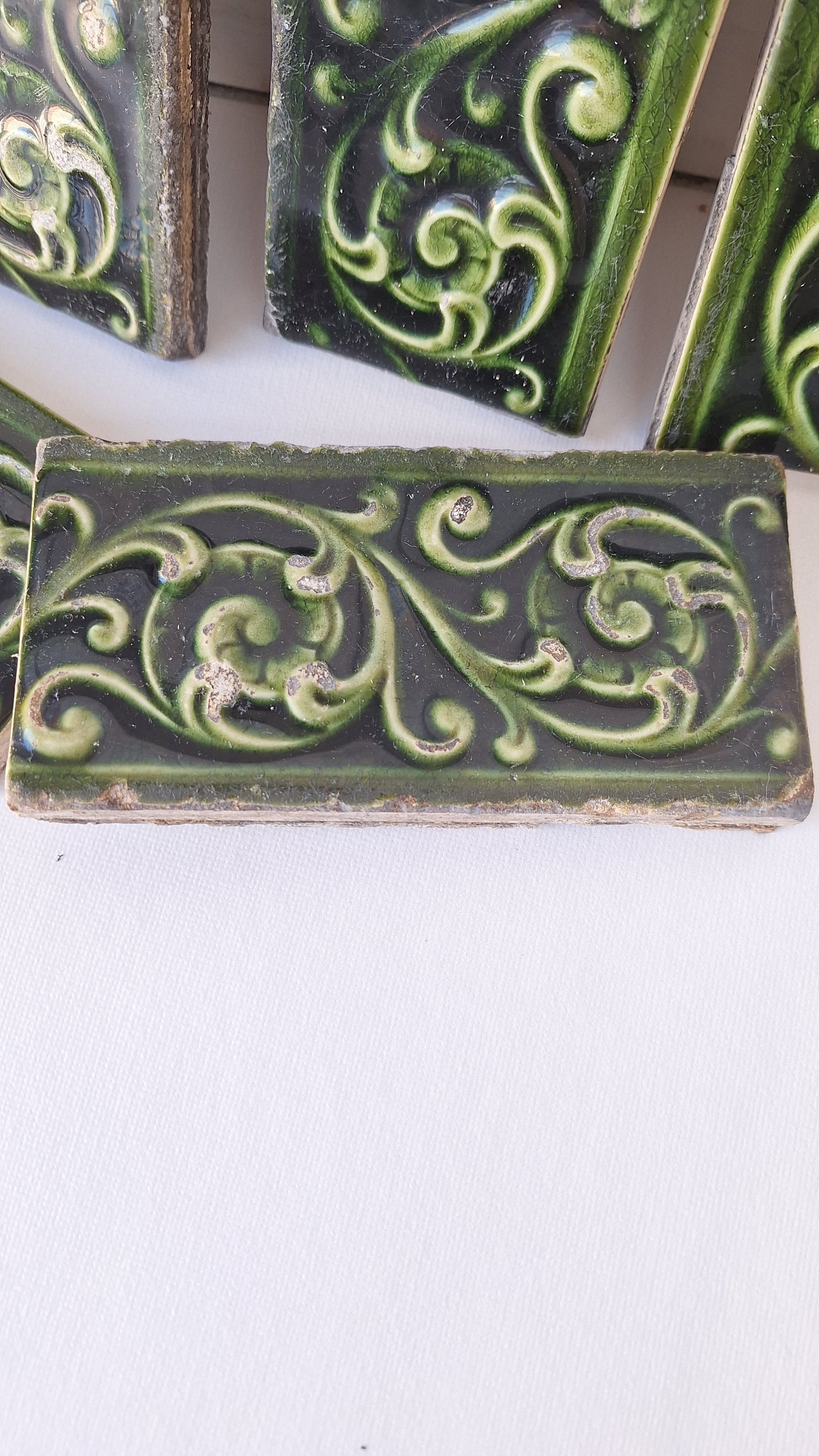 6 Dark Green Victorian Tile Set, Fireplace Tile, Floral Hearth Tile, Antique Floor Tile, Antique Accent Salvaged Trent Tile 100503