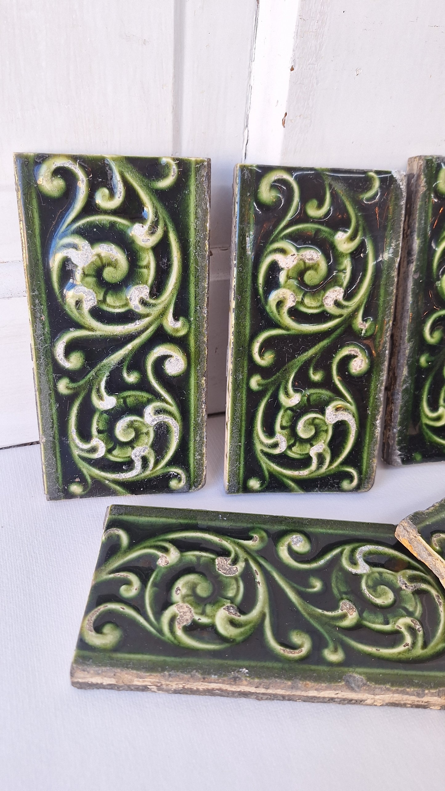 6 Dark Green Victorian Tile Set, Fireplace Tile, Floral Hearth Tile, Antique Floor Tile, Antique Accent Salvaged Trent Tile 100503