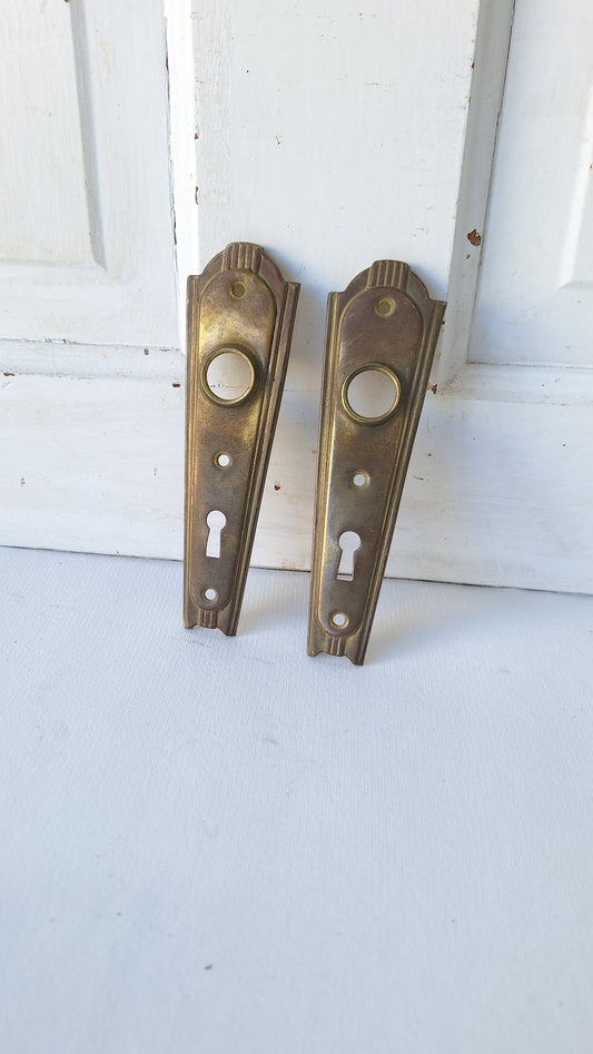 Two Vintage Brass Art Deco Doorknob Backplates, Pair of Deco Escutcheons 020303