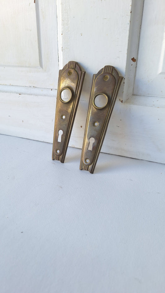 Two Vintage Brass Art Deco Doorknob Backplates, Pair of Deco Escutcheons 020303