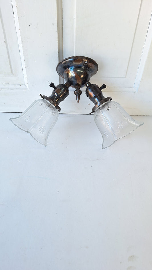 Small Japanned Brass Ceiling Light with Cut Glass Shades, Antique Small Ceiling Light Fixture, Architecture Salvage 100509