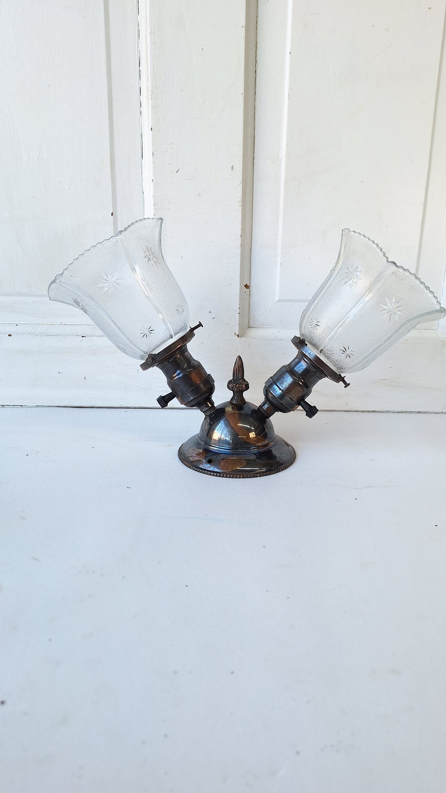 Small Japanned Brass Ceiling Light with Cut Glass Shades, Antique Small Ceiling Light Fixture, Architecture Salvage 100509