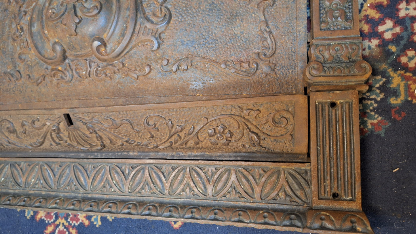 Ornate Cast Iron Victorian Fireplace FireBox Frame, Antique Fireplace Insert with Summer Cover