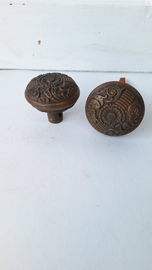 Pair of Portulaca Door Knob by Penn Hardware ca. 1985, Antique Bronze Doorknob, Ornate Doorknob Flower Design, Eastlake Door Hardware 101507