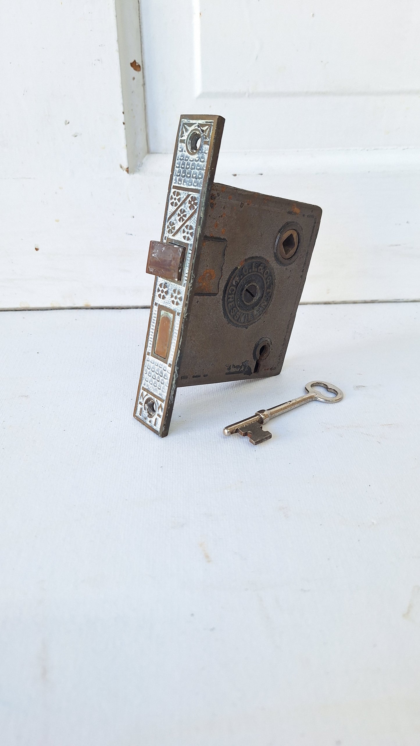 Antique Ornate Mortise Lock with Skeleton Key, Antique Keyed Door Lock, Antique Door Card with Working Key101703