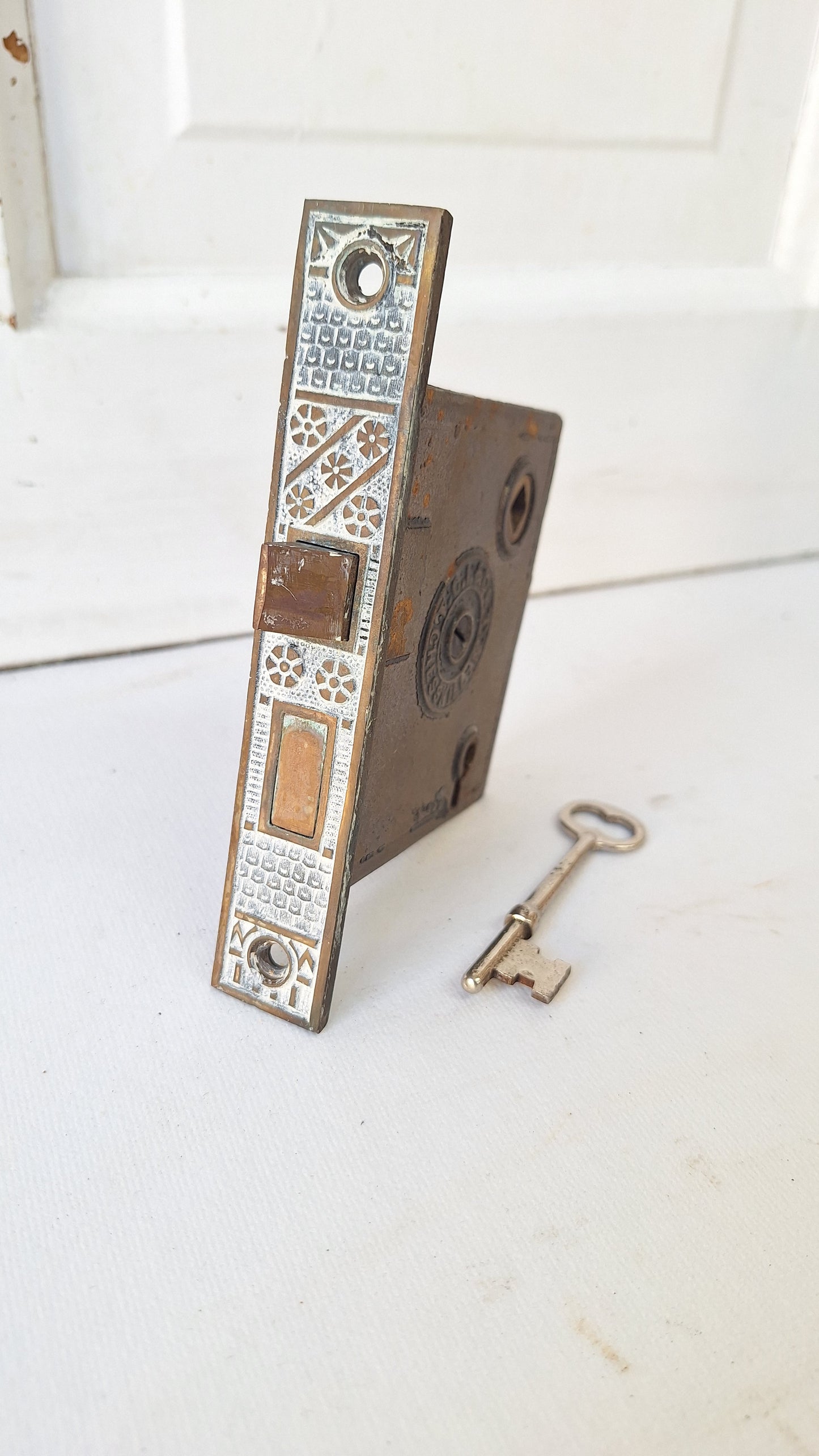 Antique Ornate Mortise Lock with Skeleton Key, Antique Keyed Door Lock, Antique Door Card with Working Key101703