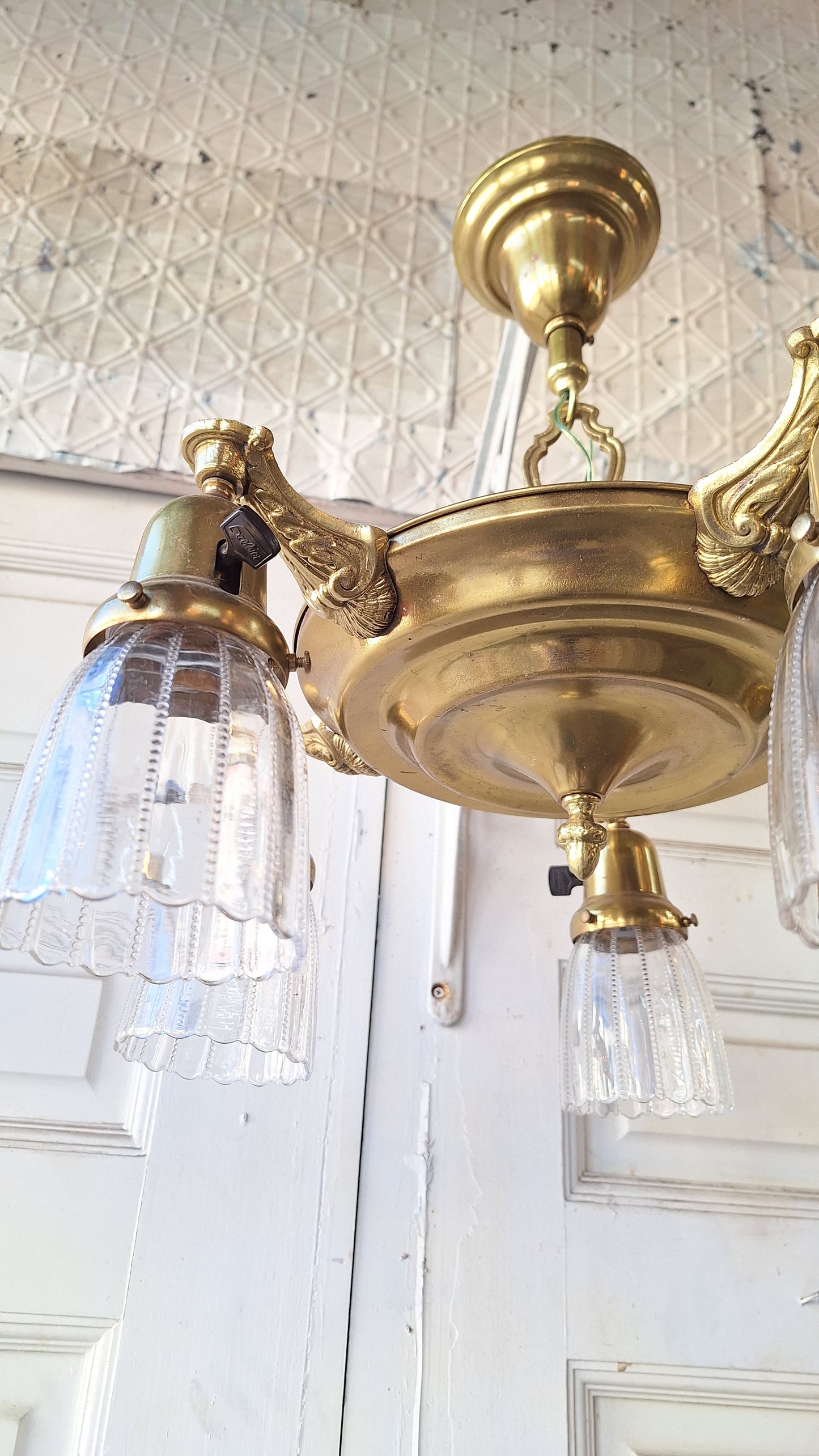 Five Arm Antique Brass Pan Light, Brass Chandelier, Antique Brass Light, Victorian Light, Art Nouveau Lighting Fixture 101706