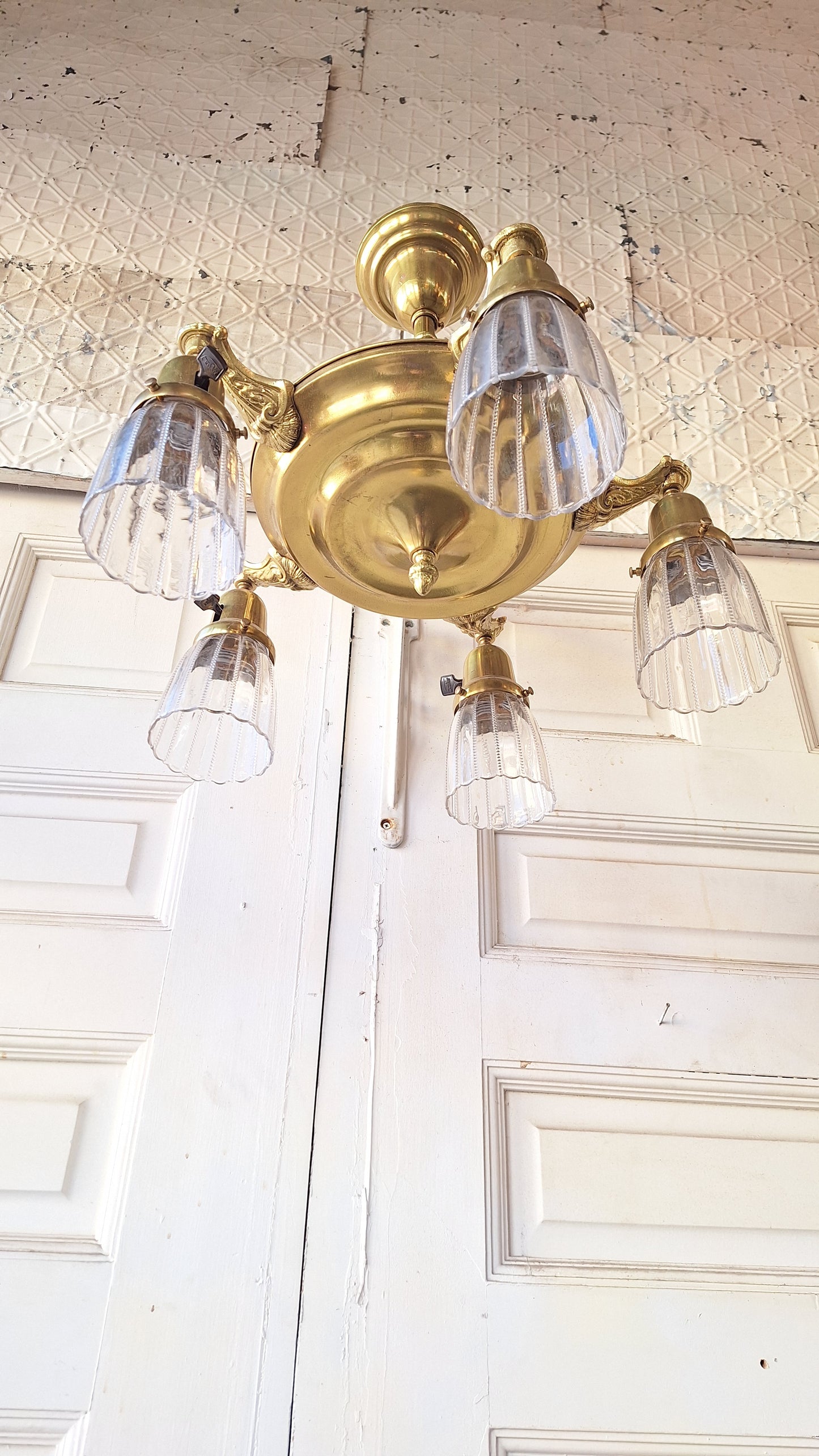 Five Arm Antique Brass Pan Light, Brass Chandelier, Antique Brass Light, Victorian Light, Art Nouveau Lighting Fixture 101706