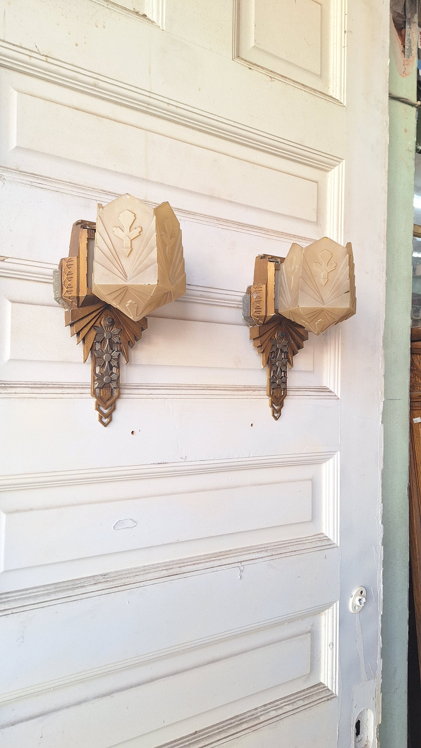 Pair of Art Deco Slip Shade Antique Sconces, Art Deco Wall Lights, Vintage Slipper Shade Sconces,  Art Deco Sconce