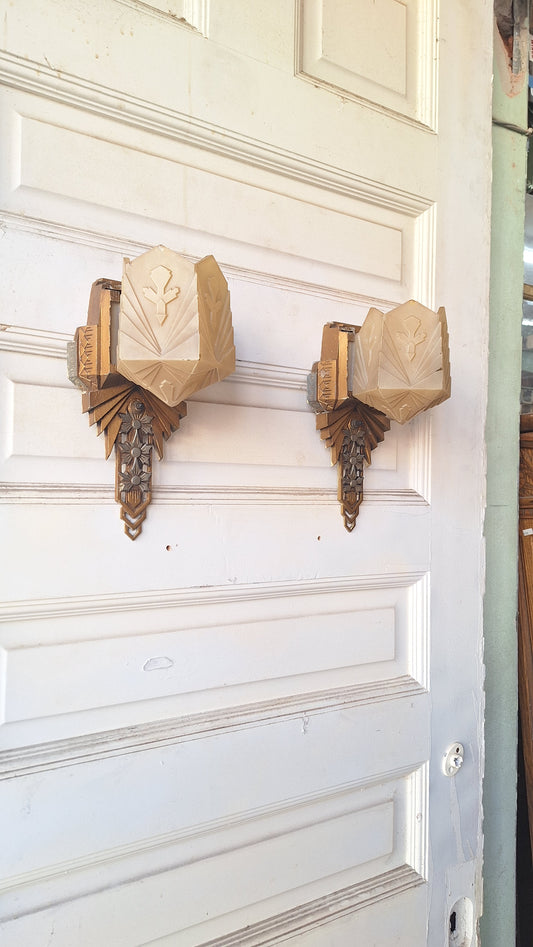 Pair of Art Deco Slip Shade Antique Sconces, Art Deco Wall Lights, Vintage Slipper Shade Sconces,  Art Deco Sconce