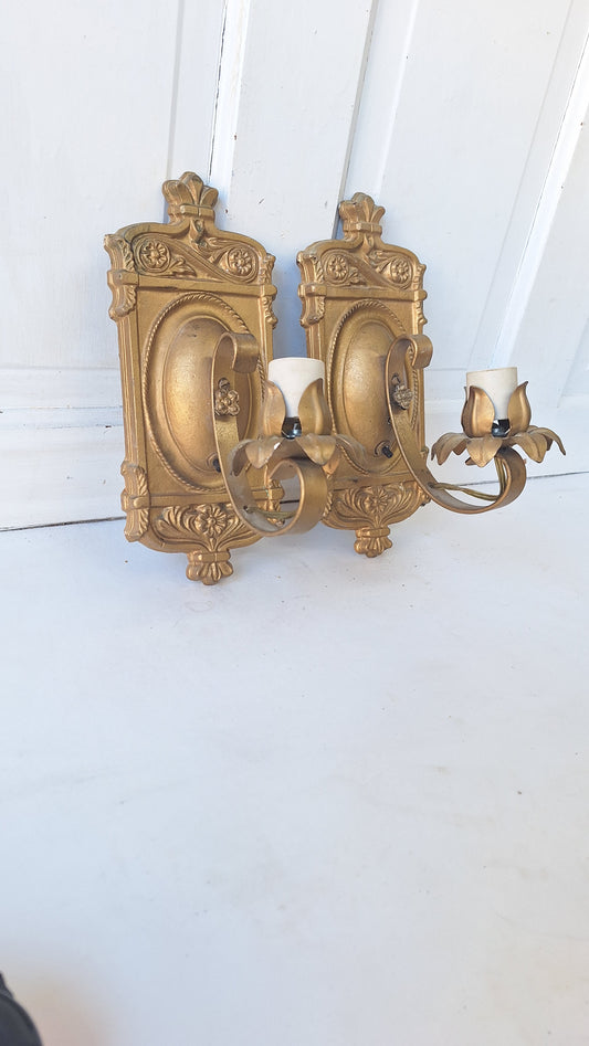 Pair of Vintage Gold Metal Sconces, Two Antique Wall Sconce Lights with Candle Sockets, Pair of Vintage Brass Candle Sconces 101904