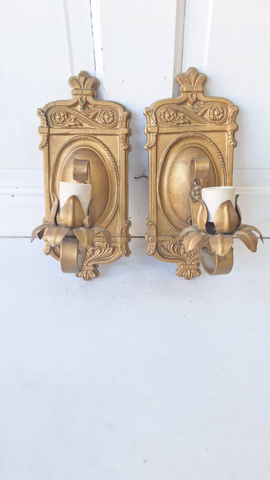 Pair of Vintage Gold Metal Sconces, Two Antique Wall Sconce Lights with Candle Sockets, Pair of Vintage Brass Candle Sconces 101904