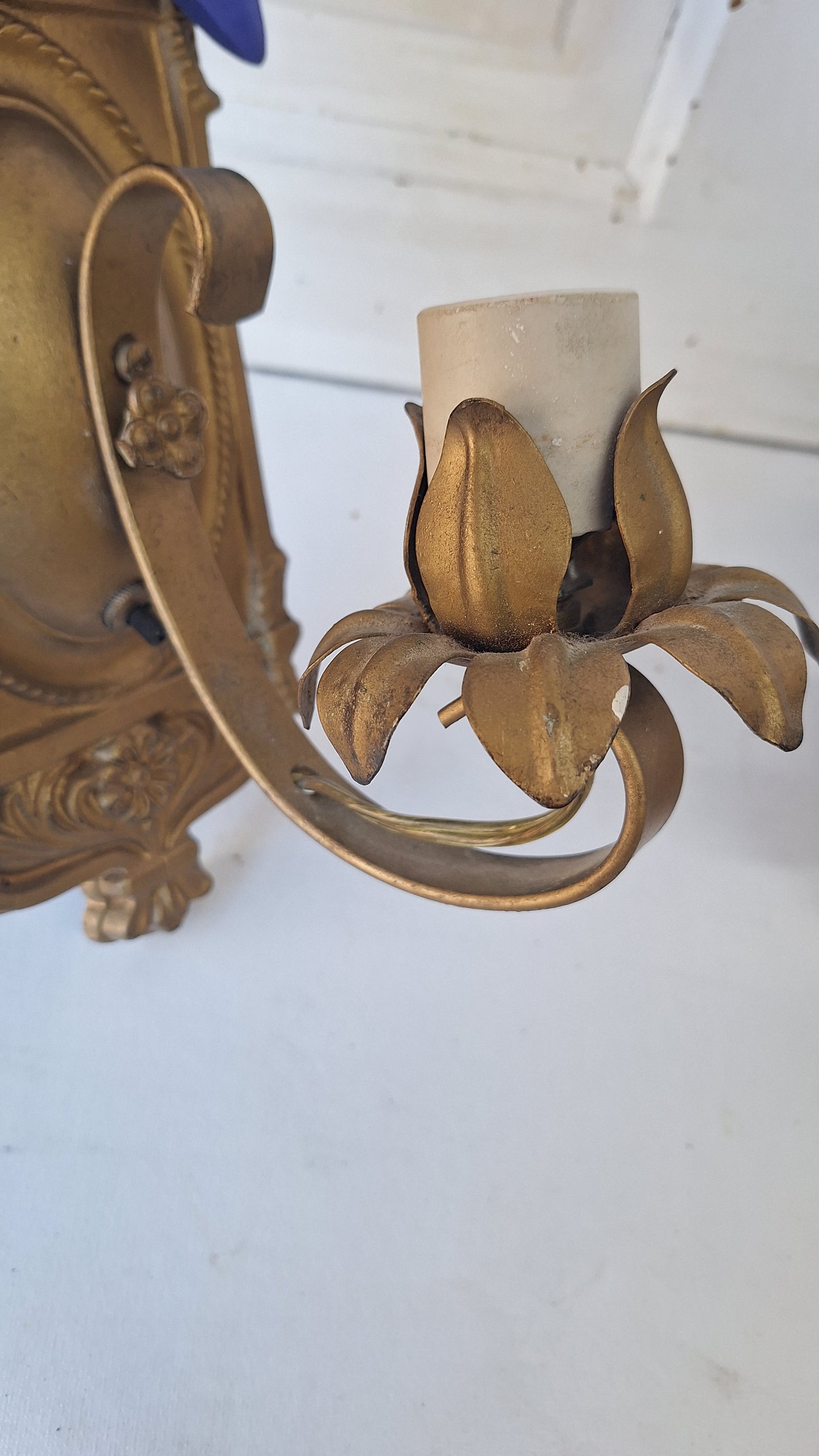 Pair of Vintage Gold Metal Sconces, Two Antique Wall Sconce Lights with Candle Sockets, Pair of Vintage Brass Candle Sconces 101904