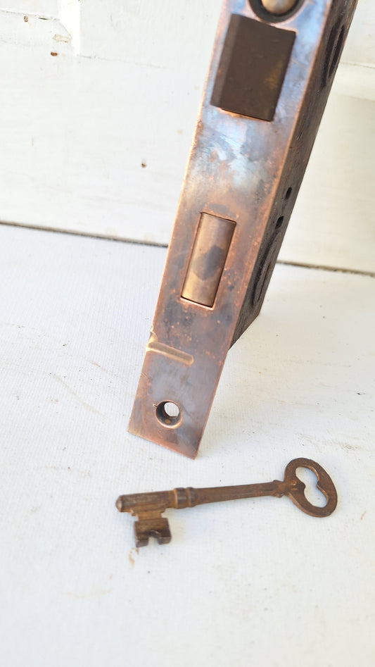 Antique Entry Door Mortise Lock with Skeleton Key, Antique Keyed Exterior Door Lock, Antique Door Card with Key, Architecture Salvage 102109