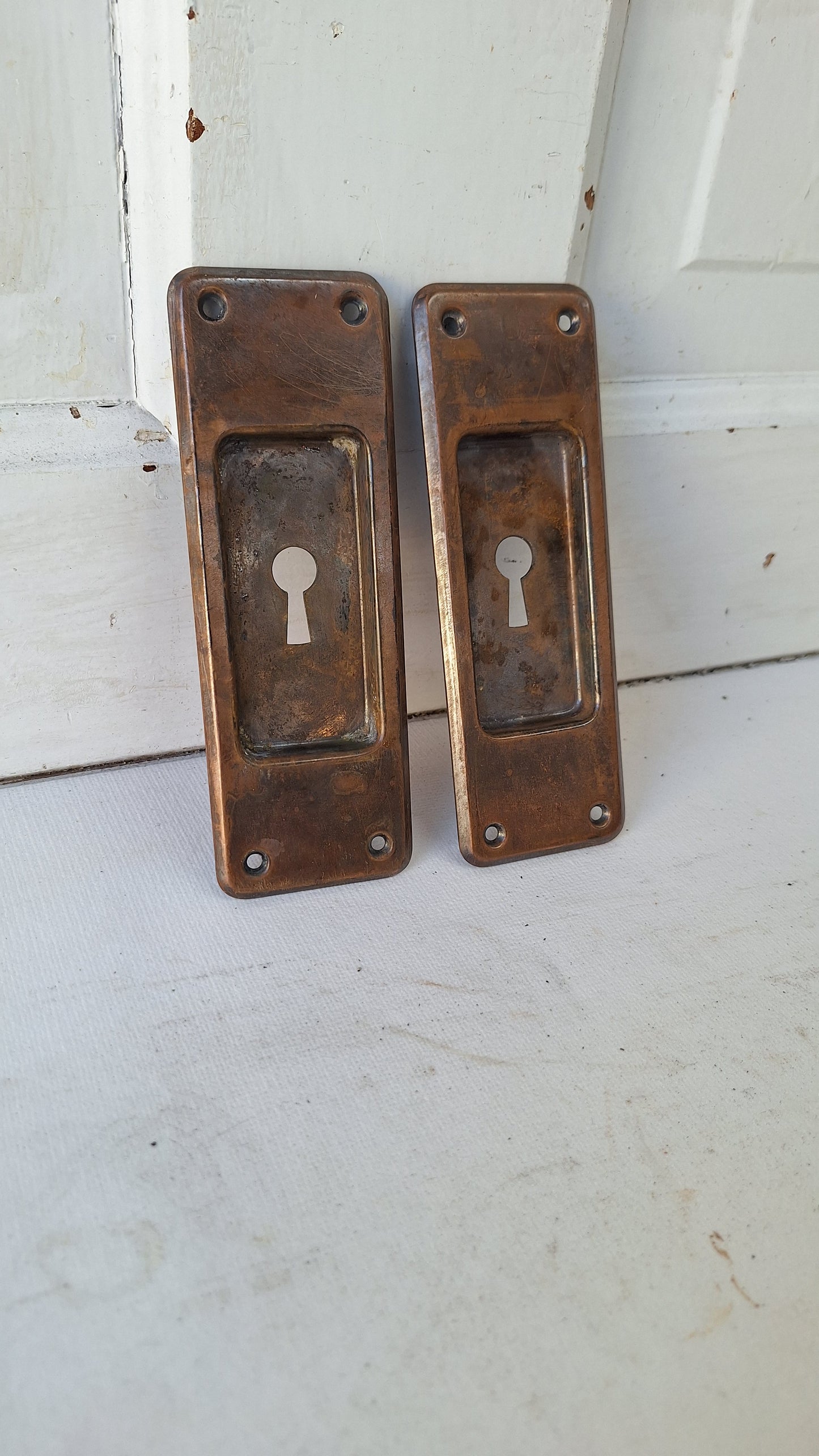 2 Antique Pocket Door Handles, Vintage Recessed Door Handles, Sliding Door Pulls, Pocket Door Pulls, Brass Escutcheon Plates 102110