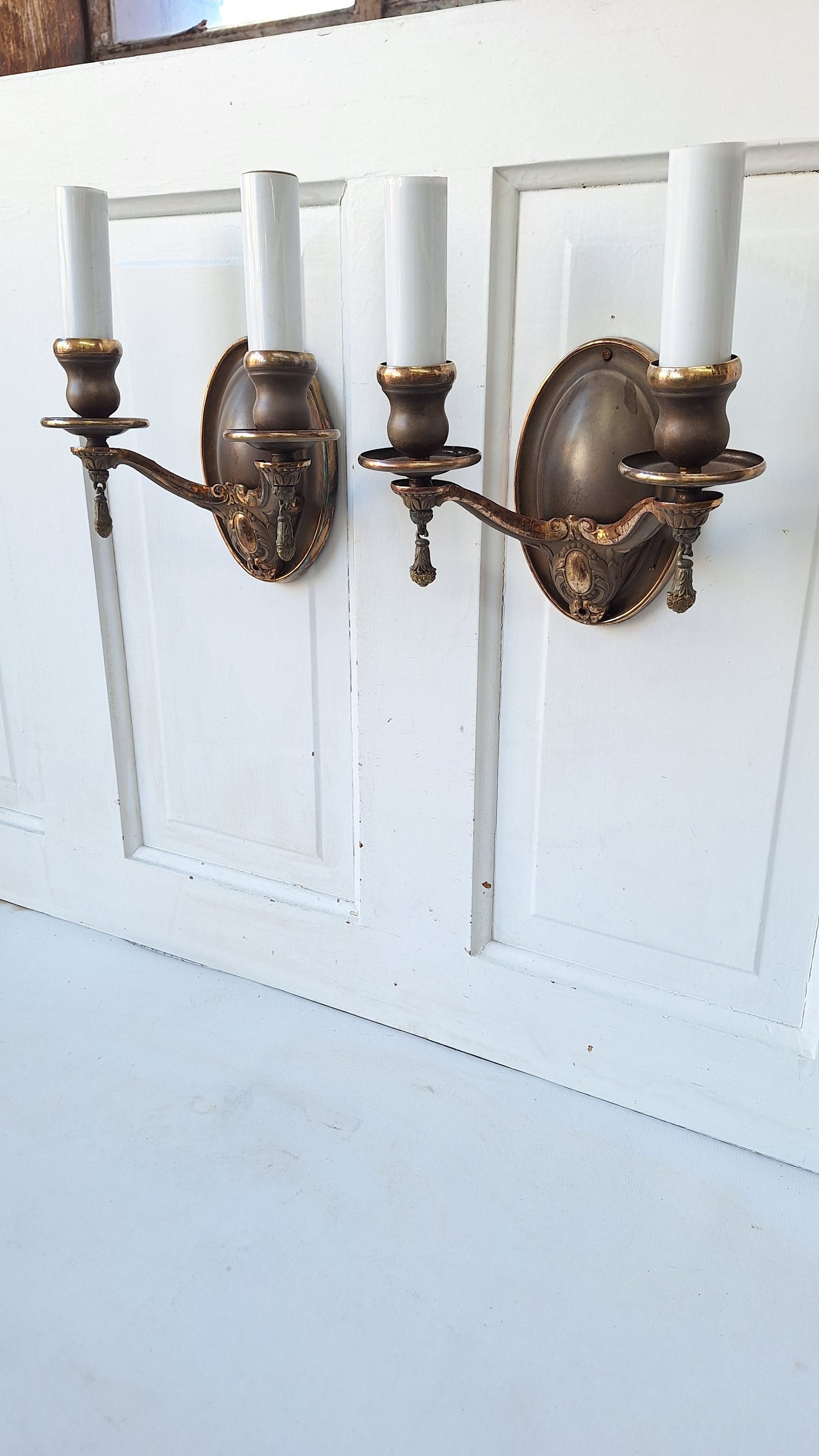 Pair of Bronze Two Arm Wall Sconces, Antique Pair of Bronze Sconce Lights with Candle Sockets 102118