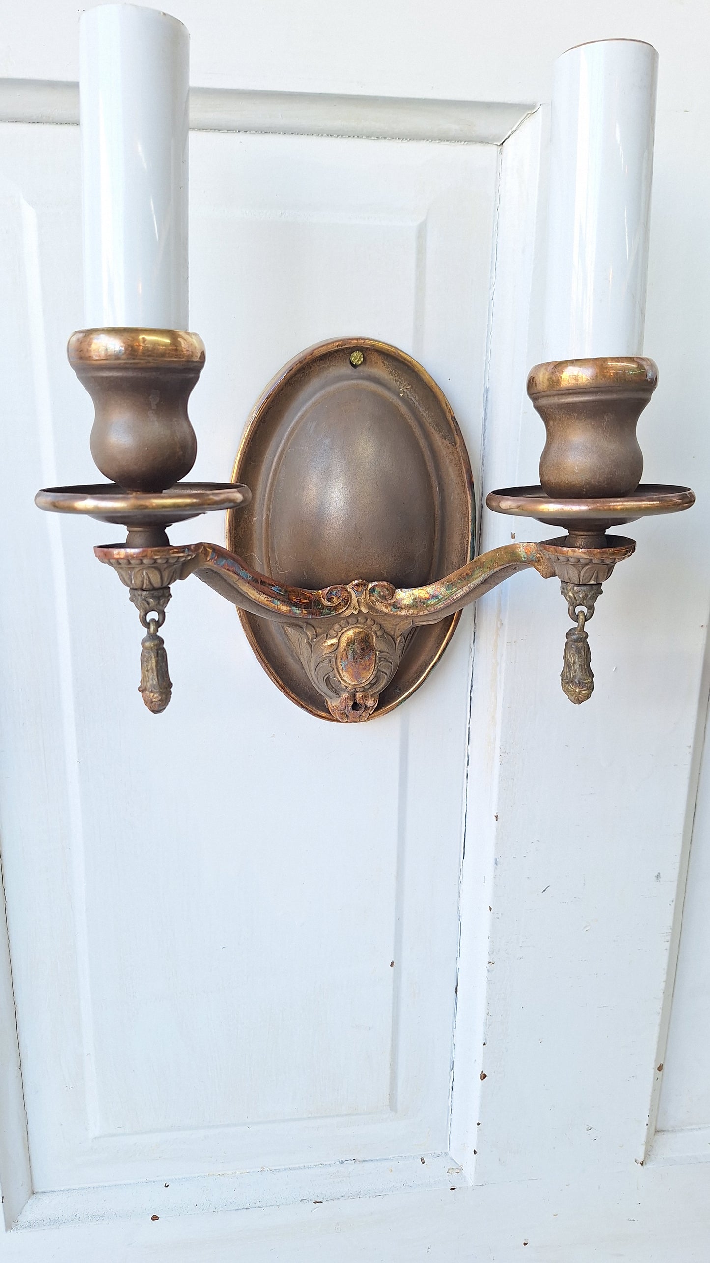 Pair of Bronze Two Arm Wall Sconces, Antique Pair of Bronze Sconce Lights with Candle Sockets 102118