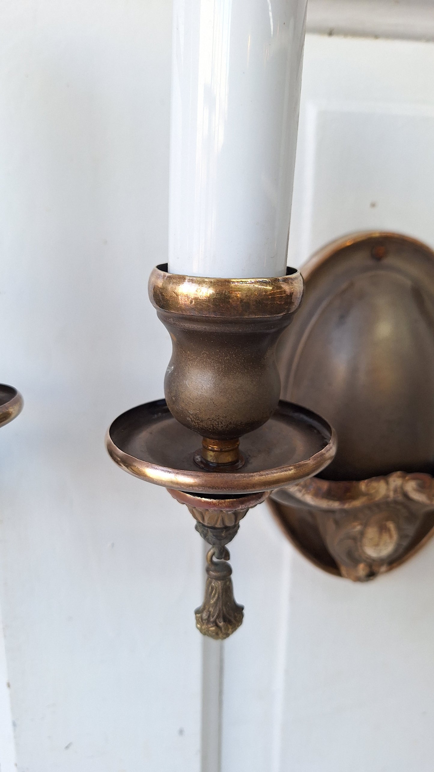 Pair of Bronze Two Arm Wall Sconces, Antique Pair of Bronze Sconce Lights with Candle Sockets 102118