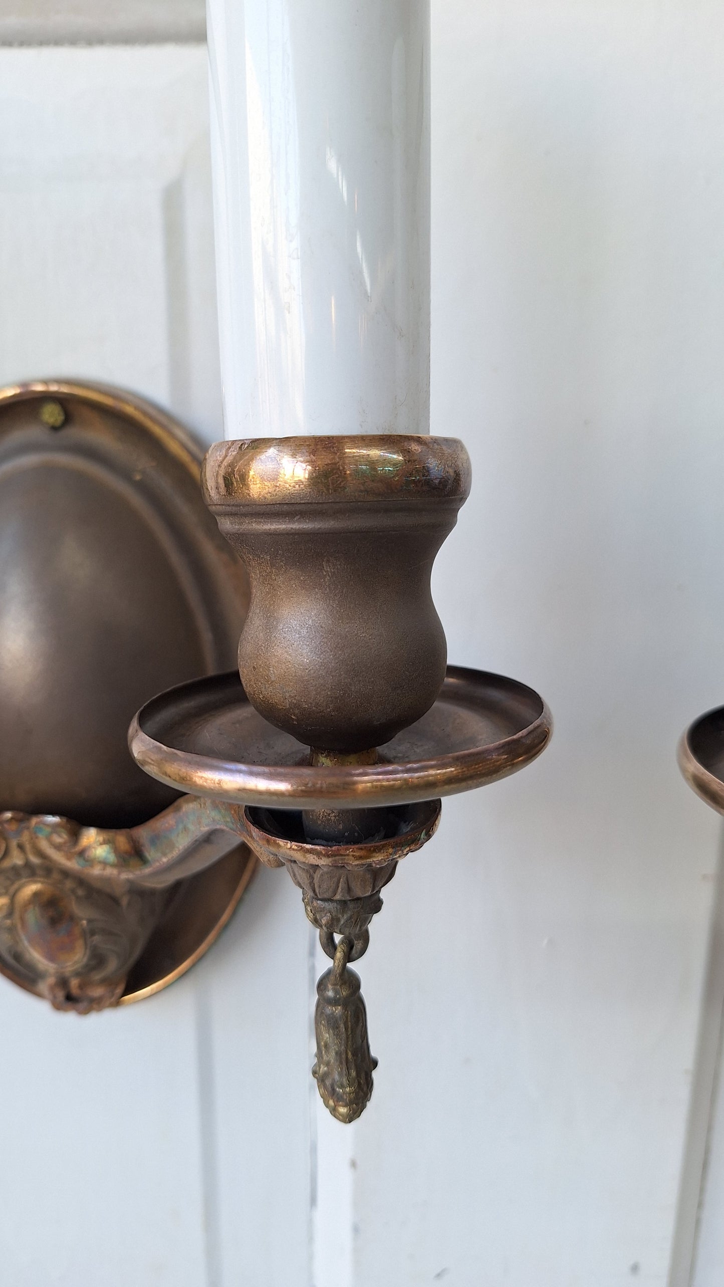 Pair of Bronze Two Arm Wall Sconces, Antique Pair of Bronze Sconce Lights with Candle Sockets 102118