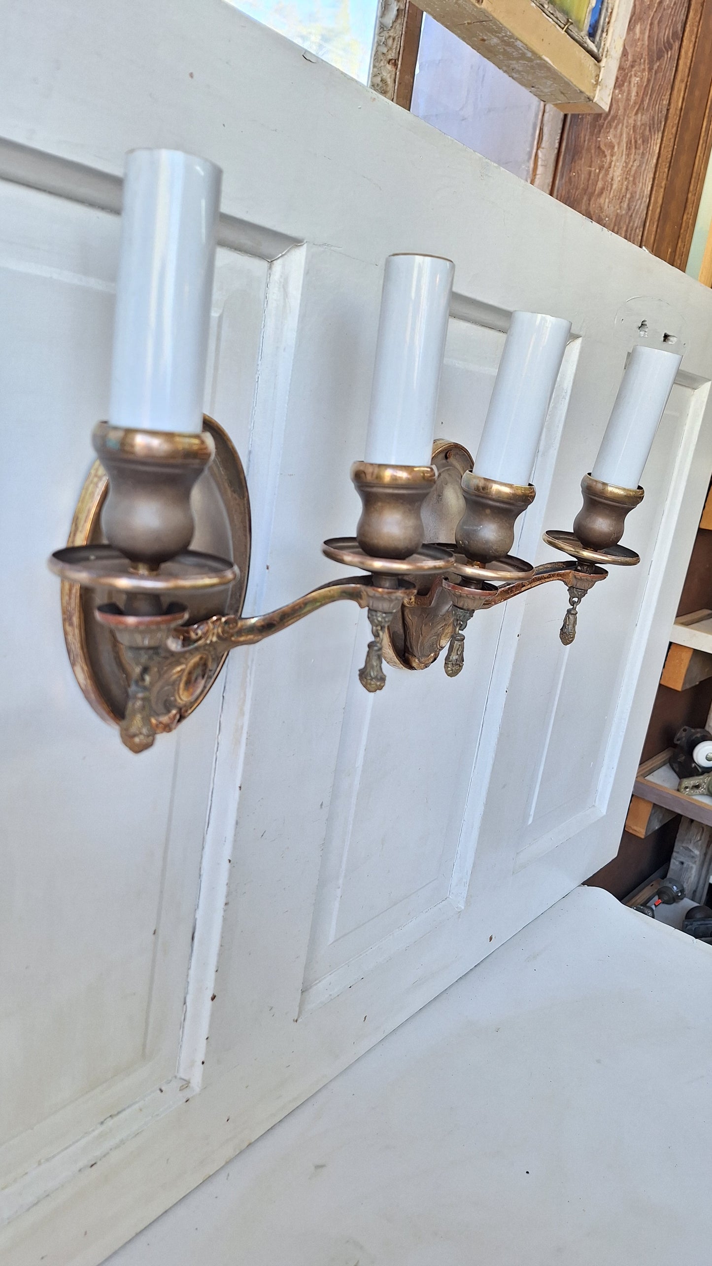 Pair of Bronze Two Arm Wall Sconces, Antique Pair of Bronze Sconce Lights with Candle Sockets 102118