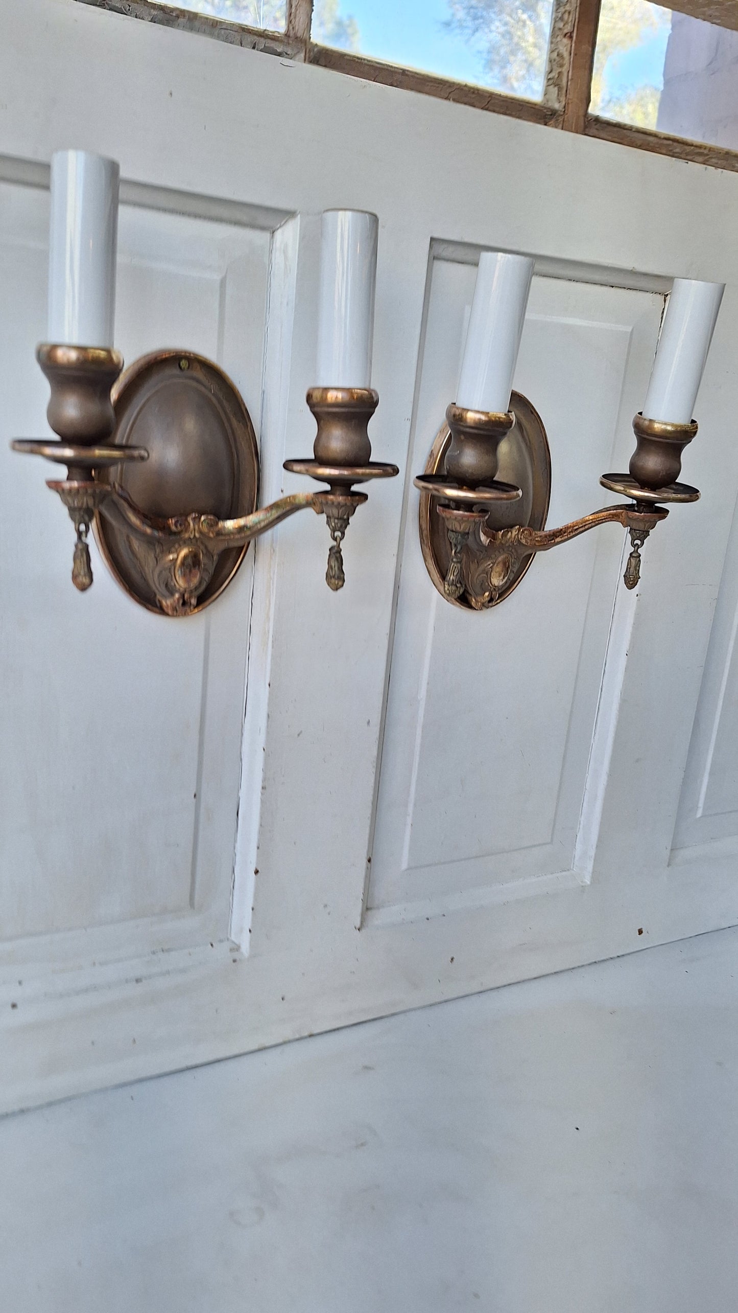 Pair of Bronze Two Arm Wall Sconces, Antique Pair of Bronze Sconce Lights with Candle Sockets 102118