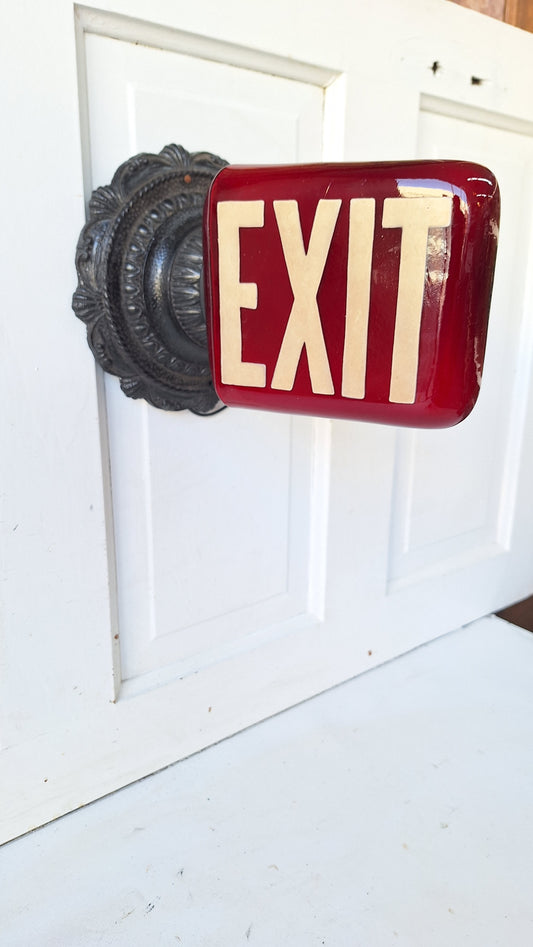 Vintage Black and Red Exit Sign with Ornate Base, Wall Mounted Exit Sign Light 102902