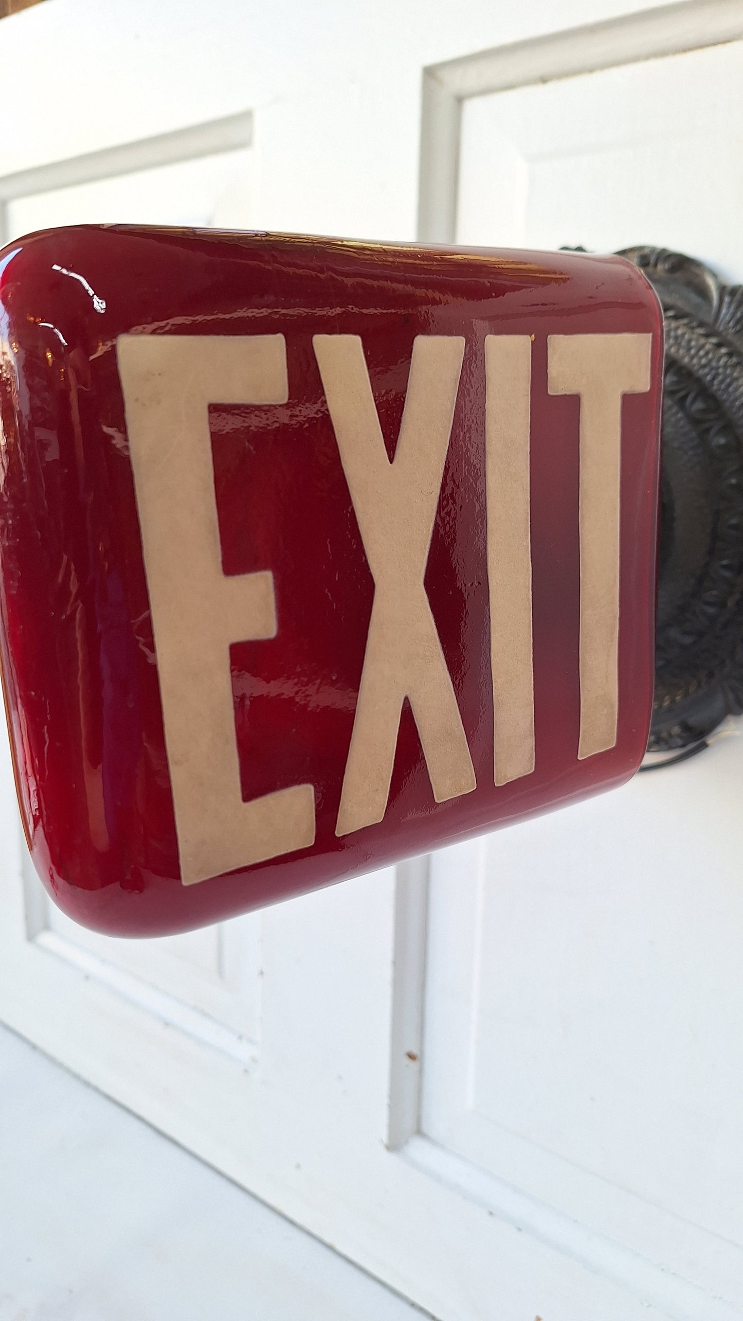 Vintage Black and Red Exit Sign with Ornate Base, Wall Mounted Exit Sign Light 102902