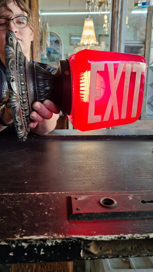 Vintage Black and Red Exit Sign with Ornate Base, Wall Mounted Exit Sign Light 102902