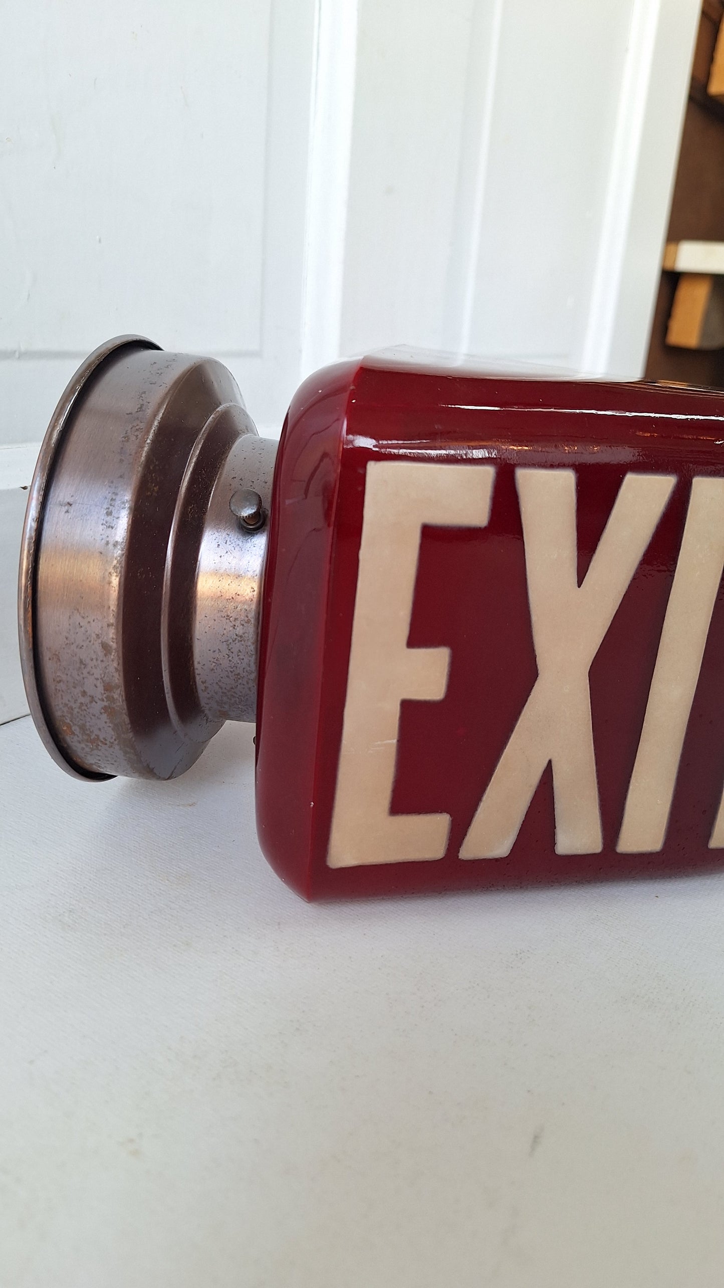 Vintage White and Red Exit Sign with Ornate Base, Wall Mounted Exit Sign Light 103007