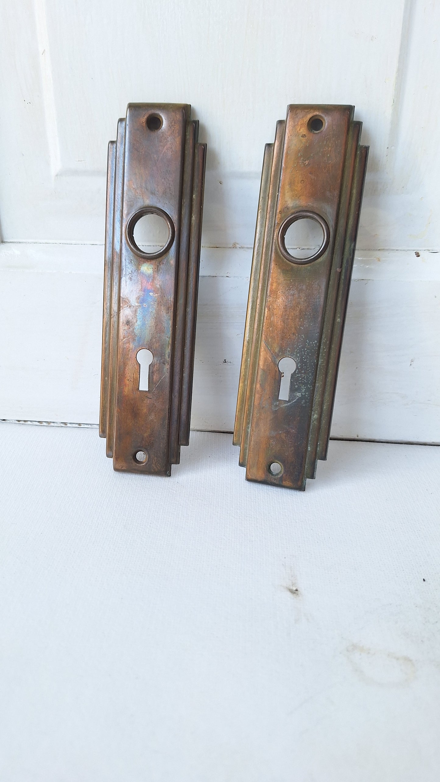 Two Art Deco Antique BackPlates, Antique Door Back plates, Vintage Brass Key Door Plate, Art Deco Hardware, Brass Escutcheons 103009