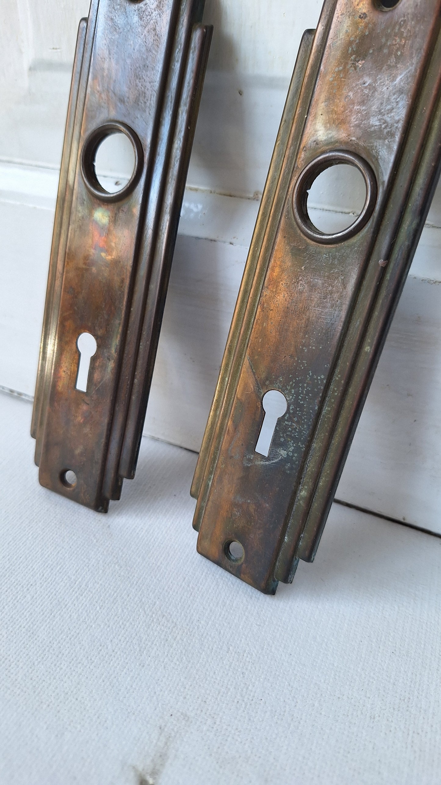 Two Art Deco Antique BackPlates, Antique Door Back plates, Vintage Brass Key Door Plate, Art Deco Hardware, Brass Escutcheons 103009