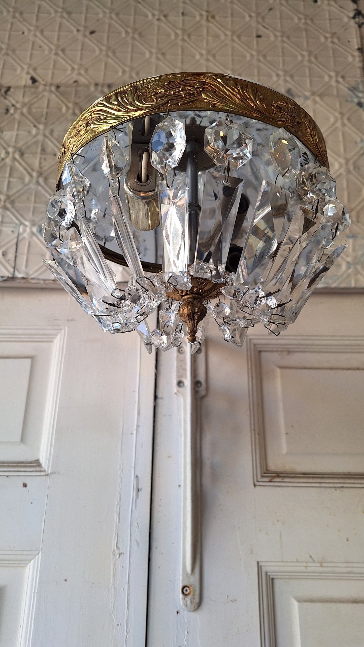 Vintage Crystal Chandelier, Gold and Cut Glass Flush Mount Light, Small Chandelier, Draped Crystal Light, Architecture Salvage