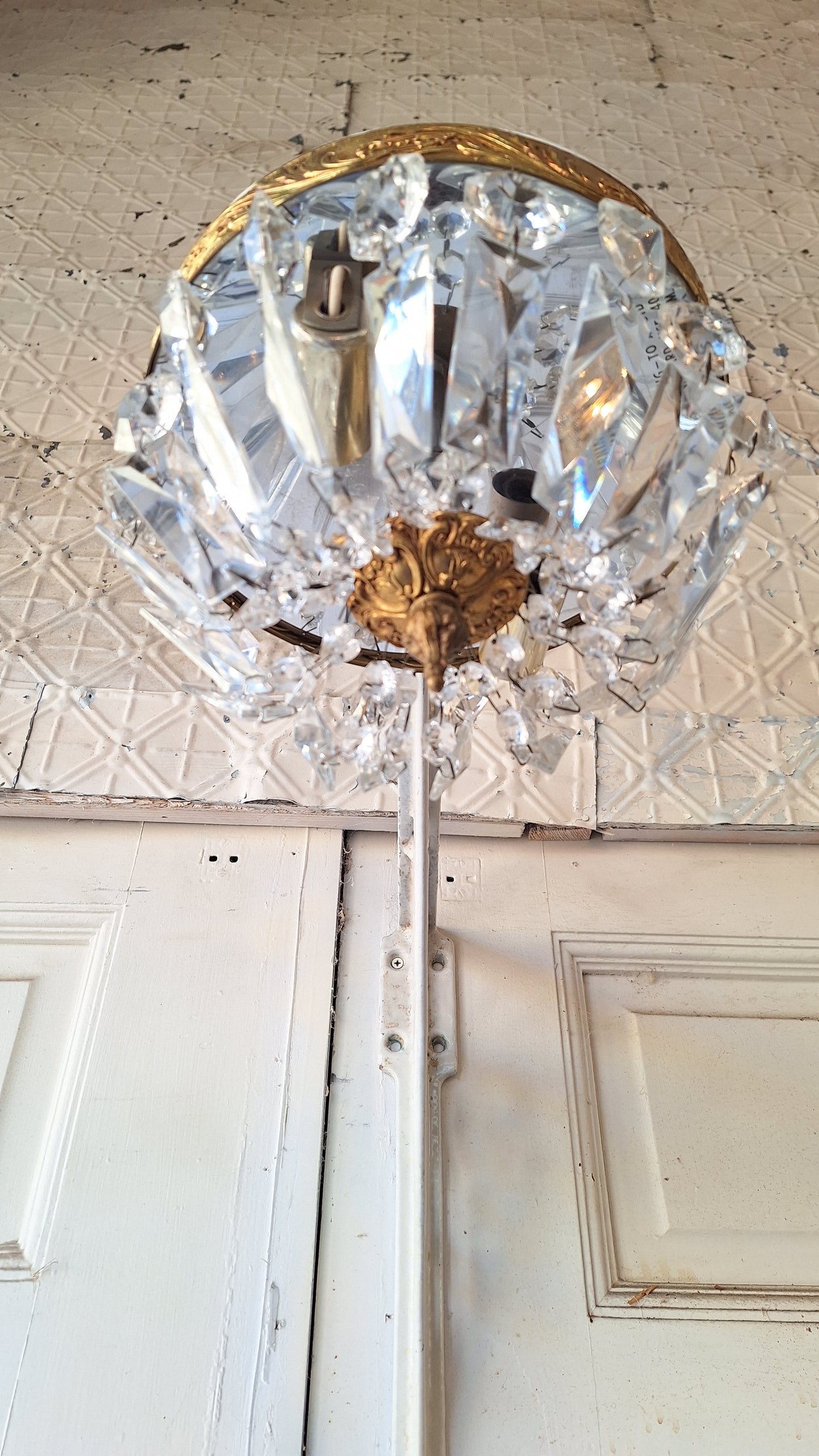 Vintage Crystal Chandelier, Gold and Cut Glass Flush Mount Light, Small Chandelier, Draped Crystal Light, Architecture Salvage