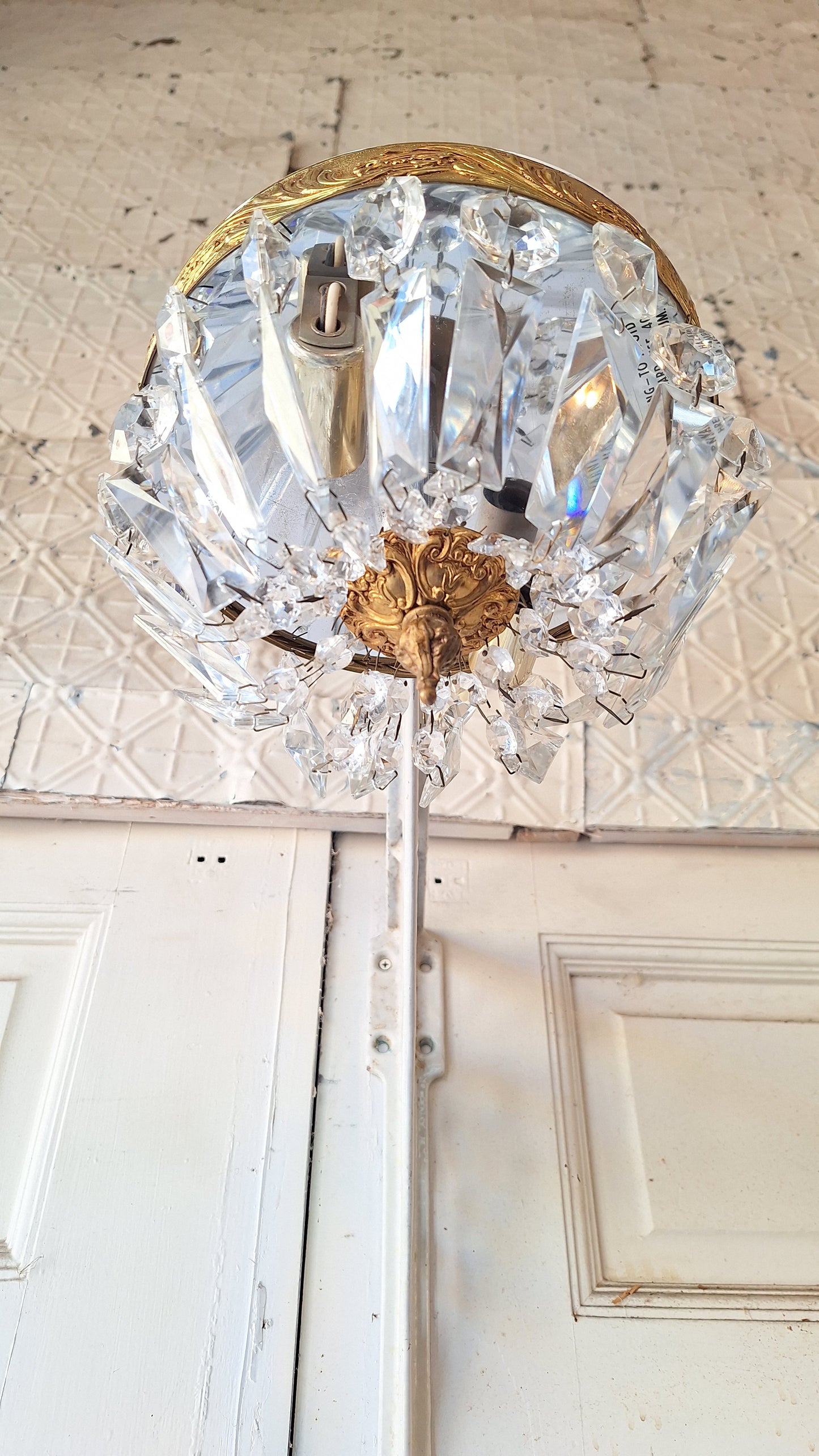 Vintage Crystal Chandelier, Gold and Cut Glass Flush Mount Light, Small Chandelier, Draped Crystal Light, Architecture Salvage