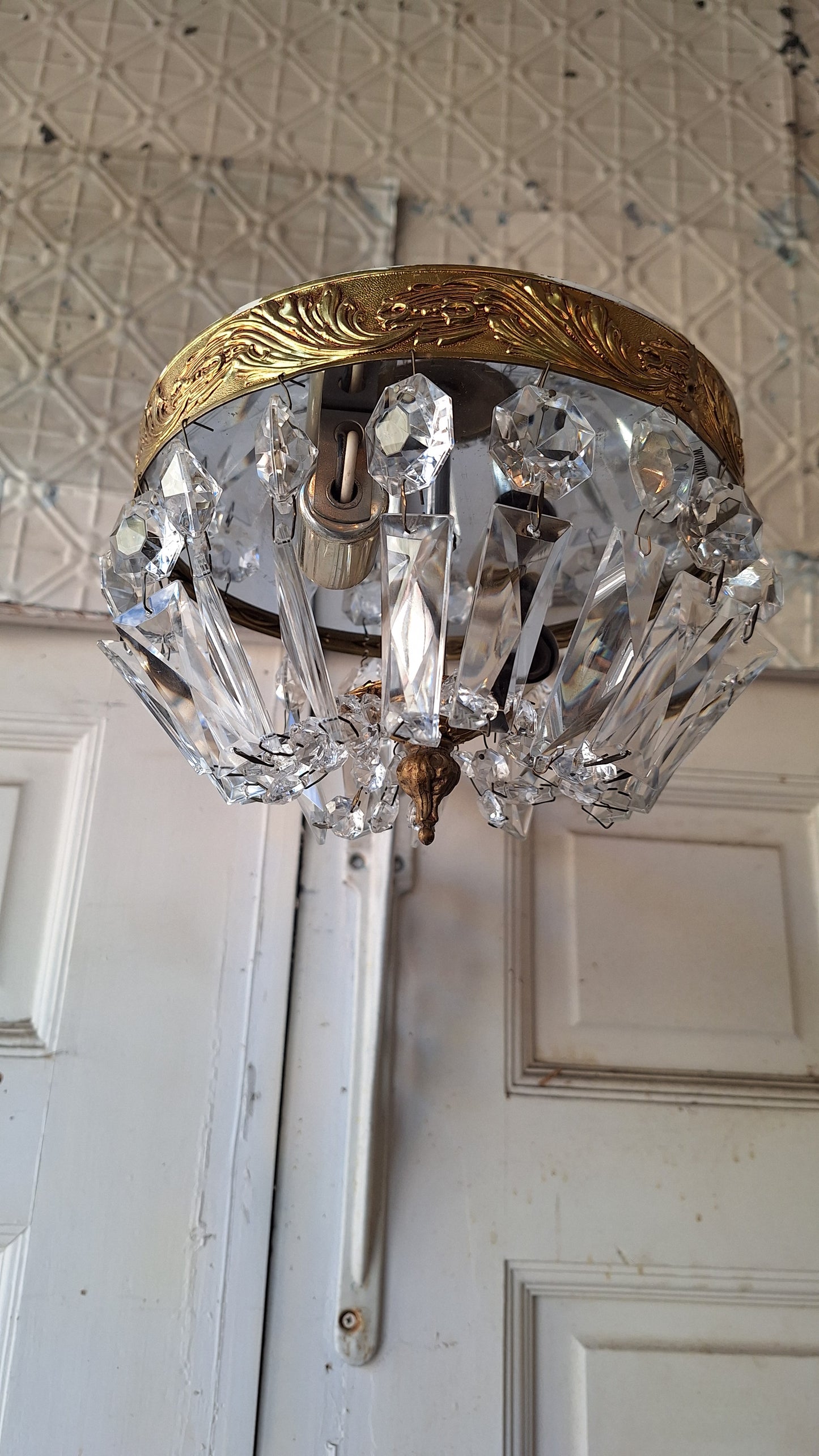 Vintage Crystal Chandelier, Gold and Cut Glass Flush Mount Light, Small Chandelier, Draped Crystal Light, Architecture Salvage