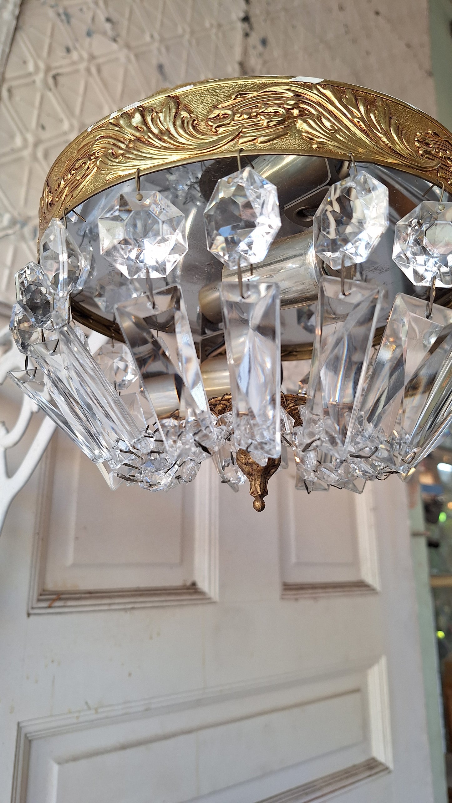 Vintage Crystal Chandelier, Gold and Cut Glass Flush Mount Light, Small Chandelier, Draped Crystal Light, Architecture Salvage