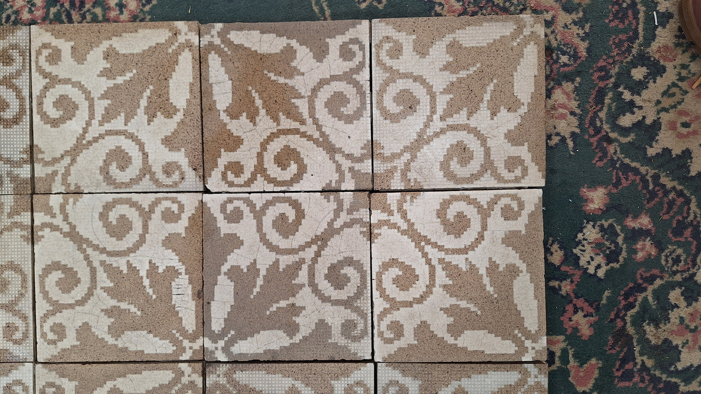 39 Antique Floor Tiles, 6x6 Antique Tile, Mosaic Floor Tile, Patterned Floor Tile, Salvaged Tile, Off White and Brown