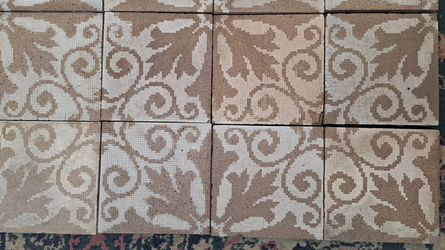 39 Antique Floor Tiles, 6x6 Antique Tile, Mosaic Floor Tile, Patterned Floor Tile, Salvaged Tile, Off White and Brown