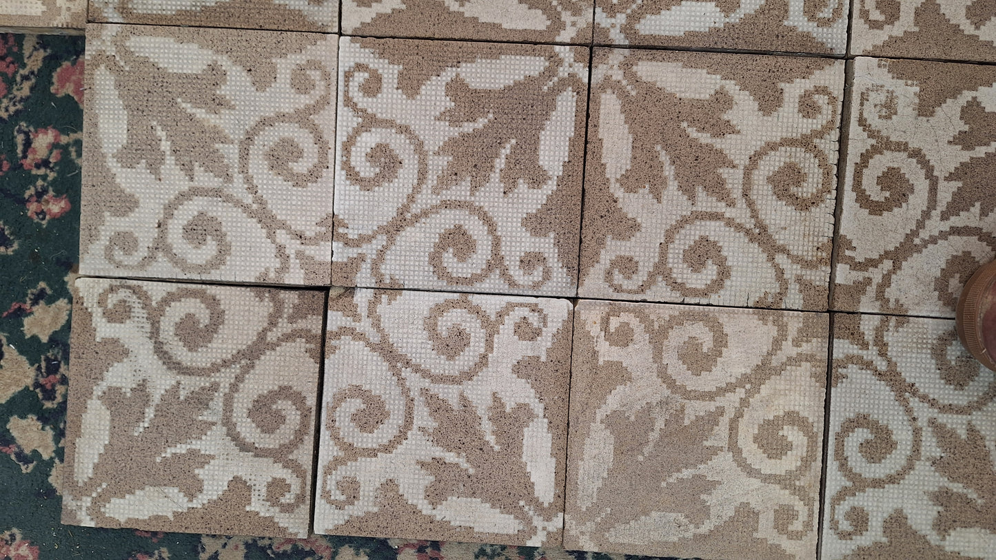 39 Antique Floor Tiles, 6x6 Antique Tile, Mosaic Floor Tile, Patterned Floor Tile, Salvaged Tile, Off White and Brown