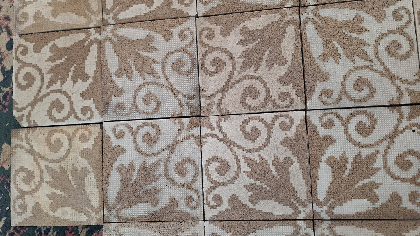 39 Antique Floor Tiles, 6x6 Antique Tile, Mosaic Floor Tile, Patterned Floor Tile, Salvaged Tile, Off White and Brown