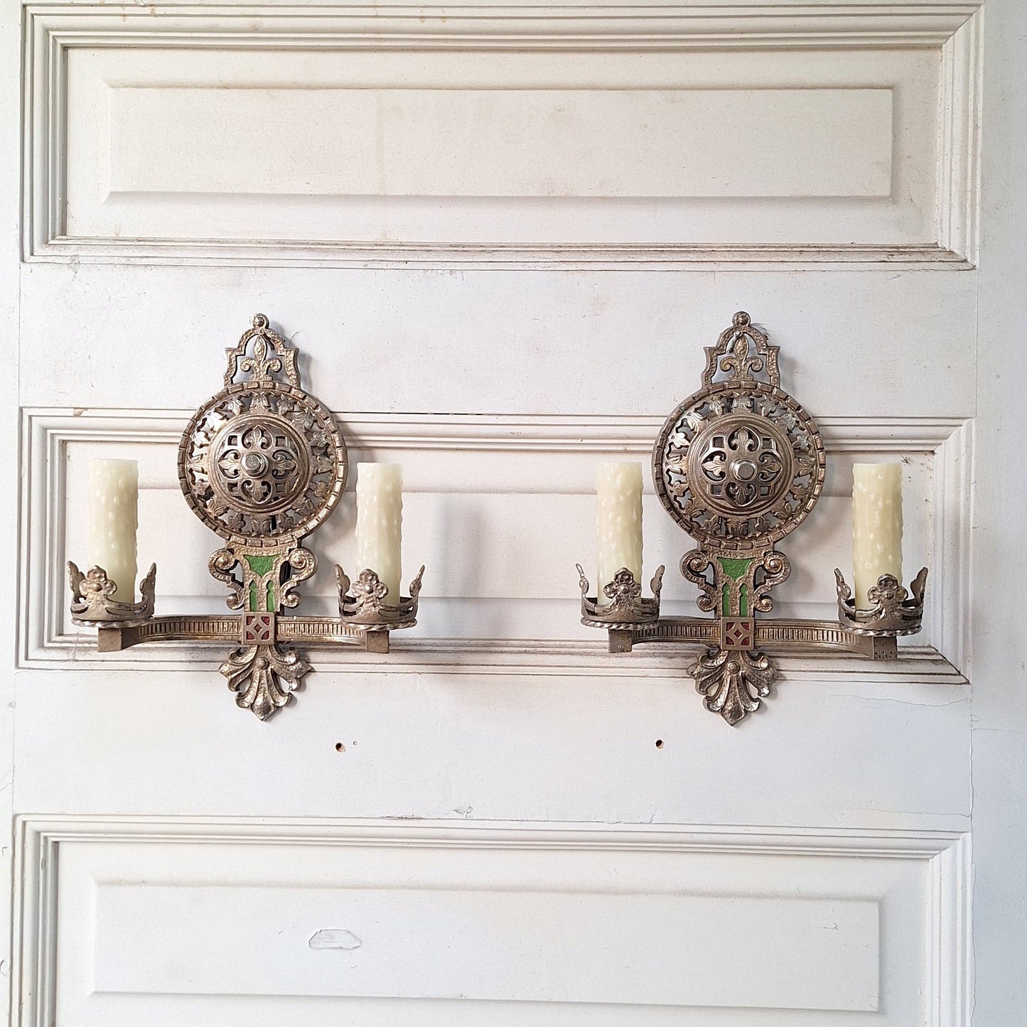 Pair Of Nickel Plated Antique Wall Sconces, Silver Victorian Era Wall Sconces 110801