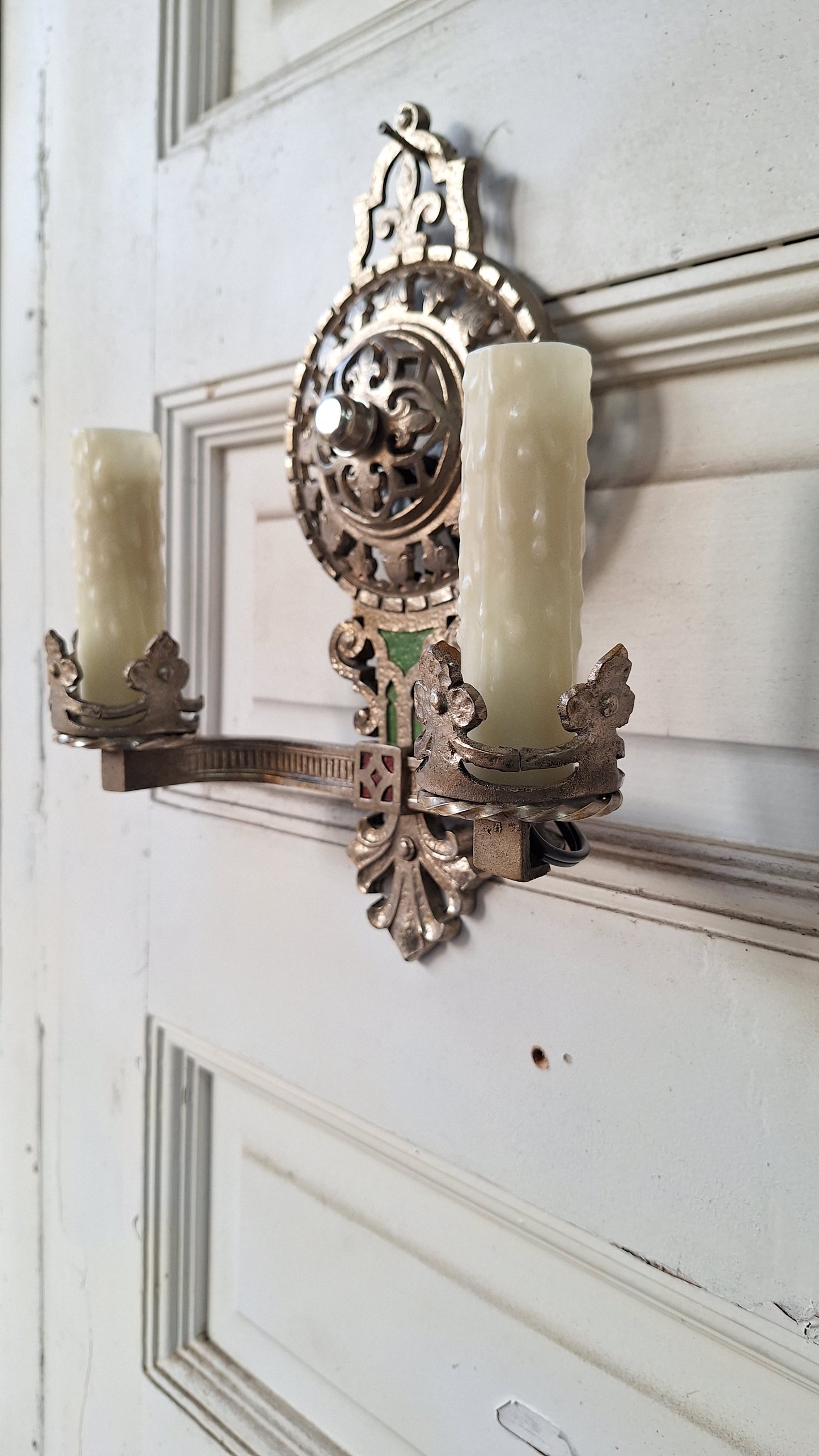 Pair Of Nickel Plated Antique Wall Sconces, Silver Victorian Era Wall Sconces 110801